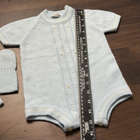 Vtg Italy Knit Romper Baby Blue One Piece Sz 3m mittens Strawbridge & Clothier - Picture 10 of 11